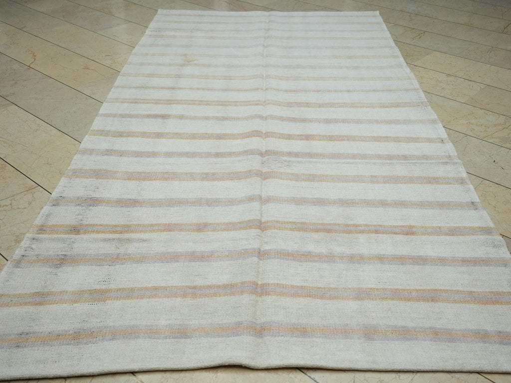 Terra-cotta Stripe Handmade Hemp Kilim Rug: Minimalist Flat Weave Rugs, 5.5"x10.6" Ft.