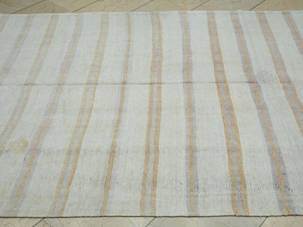 Terra-cotta Stripe Handmade Hemp Kilim Rug: Minimalist Flat Weave Rugs, 5.5"x10.6" Ft.
