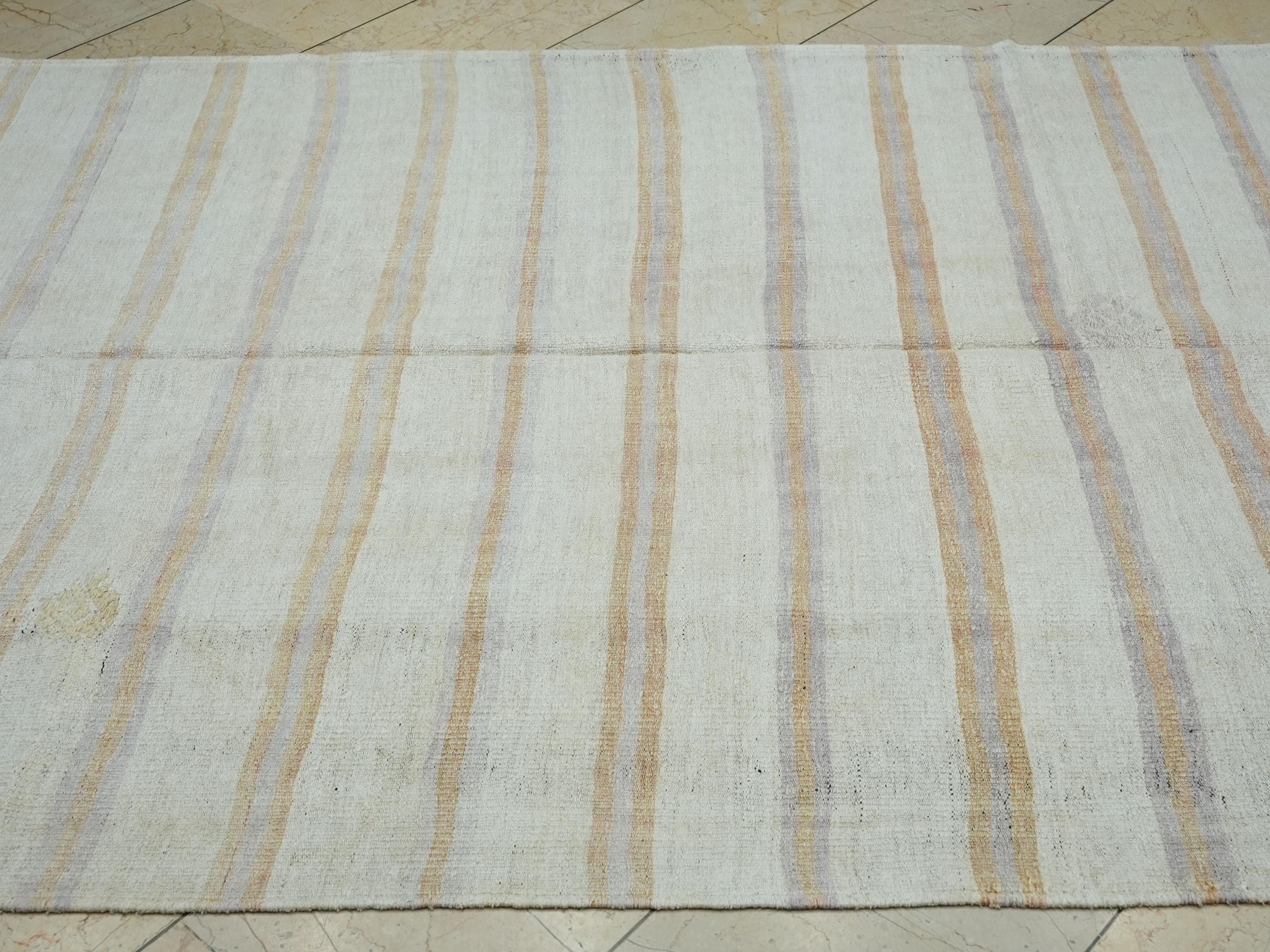 Terra-cotta Stripe Handmade Hemp Kilim Rug: Minimalist Flat Weave Rugs, 5.5"x10.6" Ft.