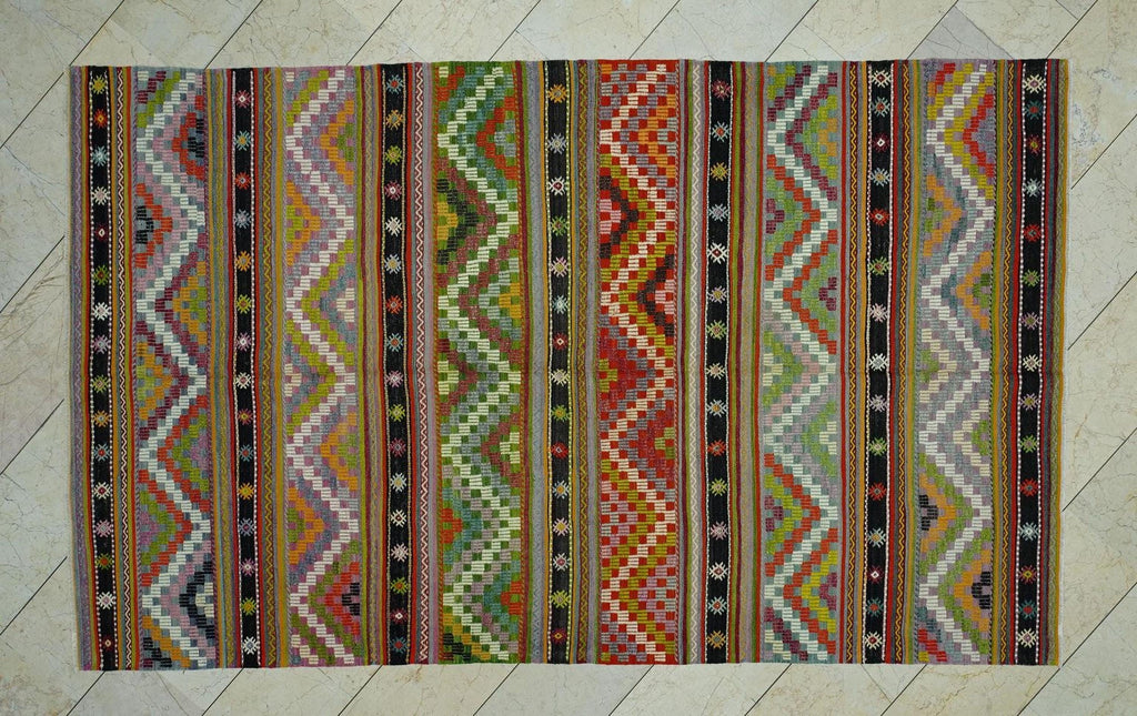 Colorful Stripe Handmade Turkish Kilim Rug: 6x9.6 Flat Woven Wool Tribal Rugs