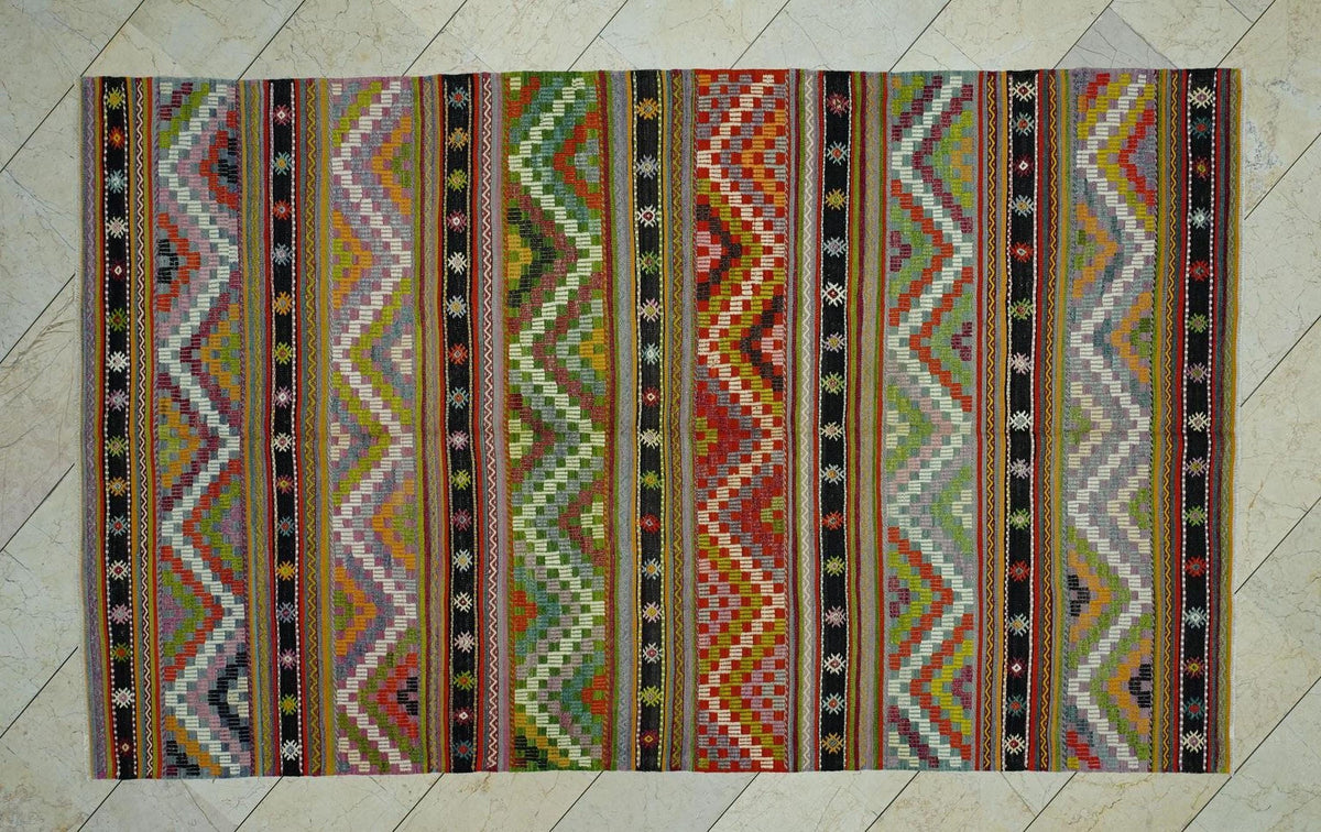 Colorful Stripe Handmade Turkish Kilim Rug: 6x9.6 Flat Woven Wool Tribal Rugs
