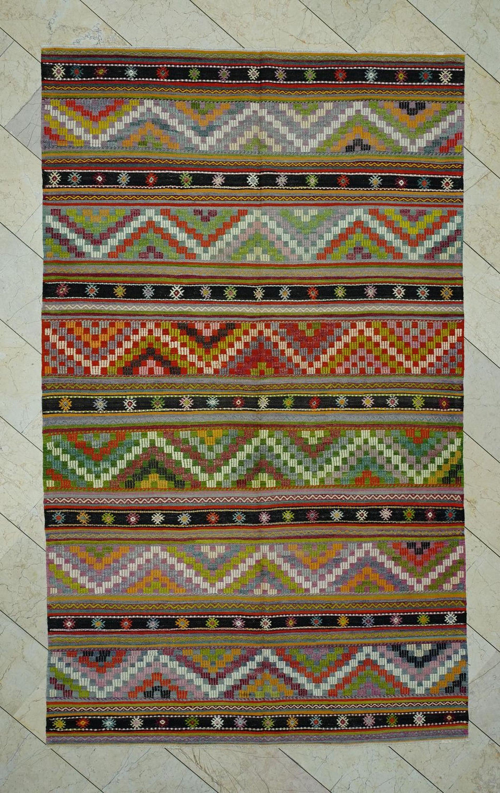 Colorful Stripe Handmade Turkish Kilim Rug: 6x9.6 Flat Woven Wool Tribal Rugs