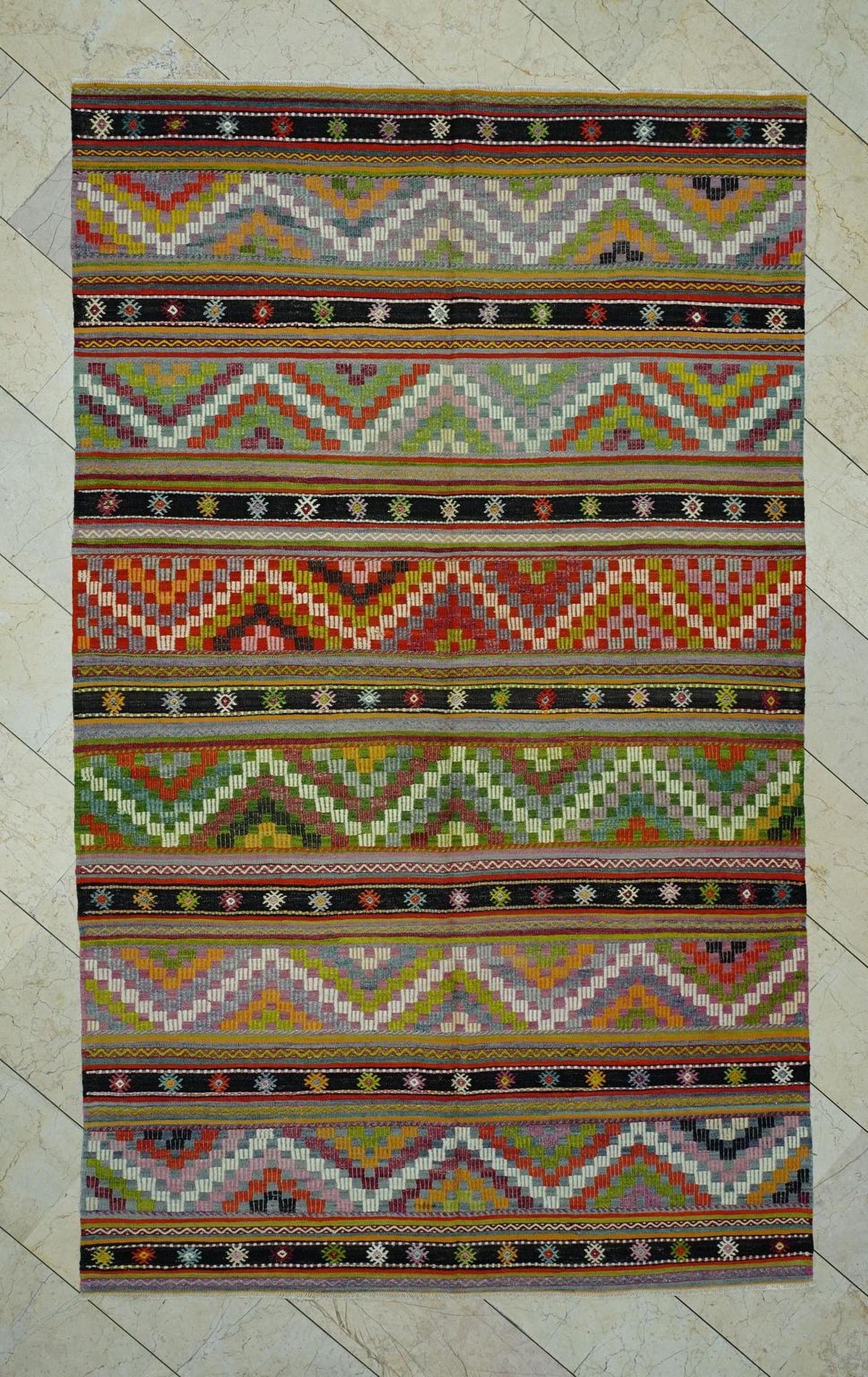 Colorful Stripe Handmade Turkish Kilim Rug: 6x9.6 Flat Woven Wool Tribal Rugs