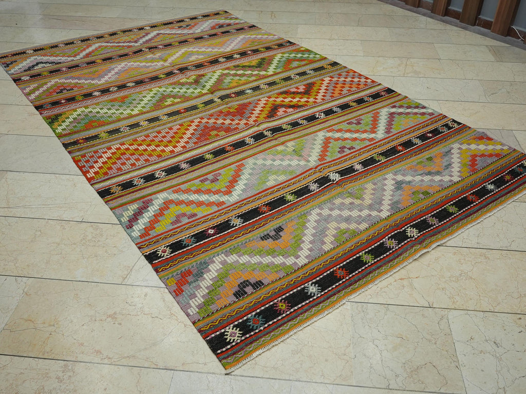 Colorful Stripe Handmade Turkish Kilim Rug: 6x9.6 Flat Woven Wool Tribal Rugs