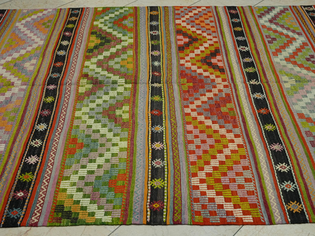 Colorful Stripe Handmade Turkish Kilim Rug: 6x9.6 Flat Woven Wool Tribal Rugs