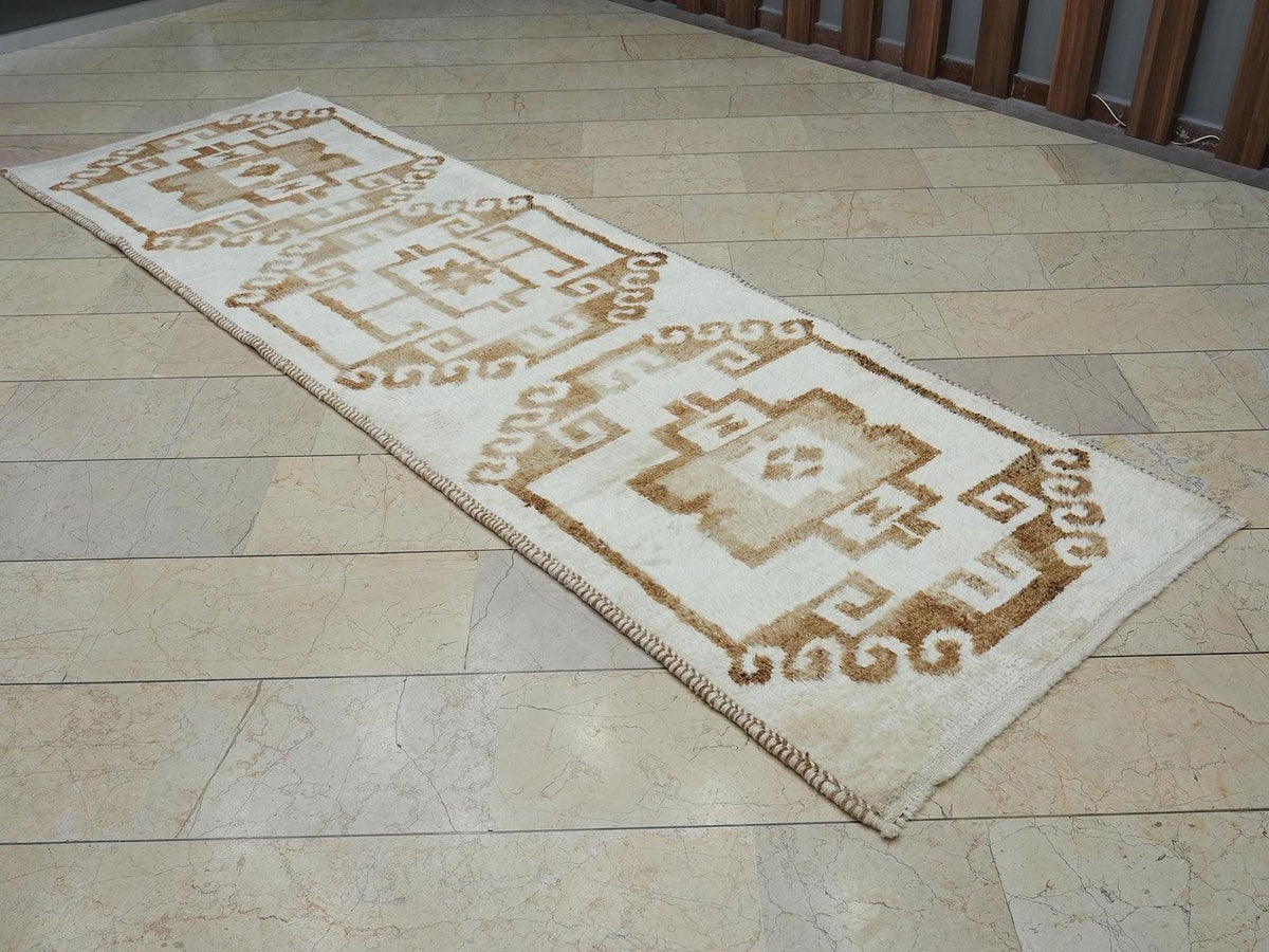 Brown & White Turkish Wool Rug Runner: Home Kitchen Decor Rugs, 3.3 x 10.5 ft.