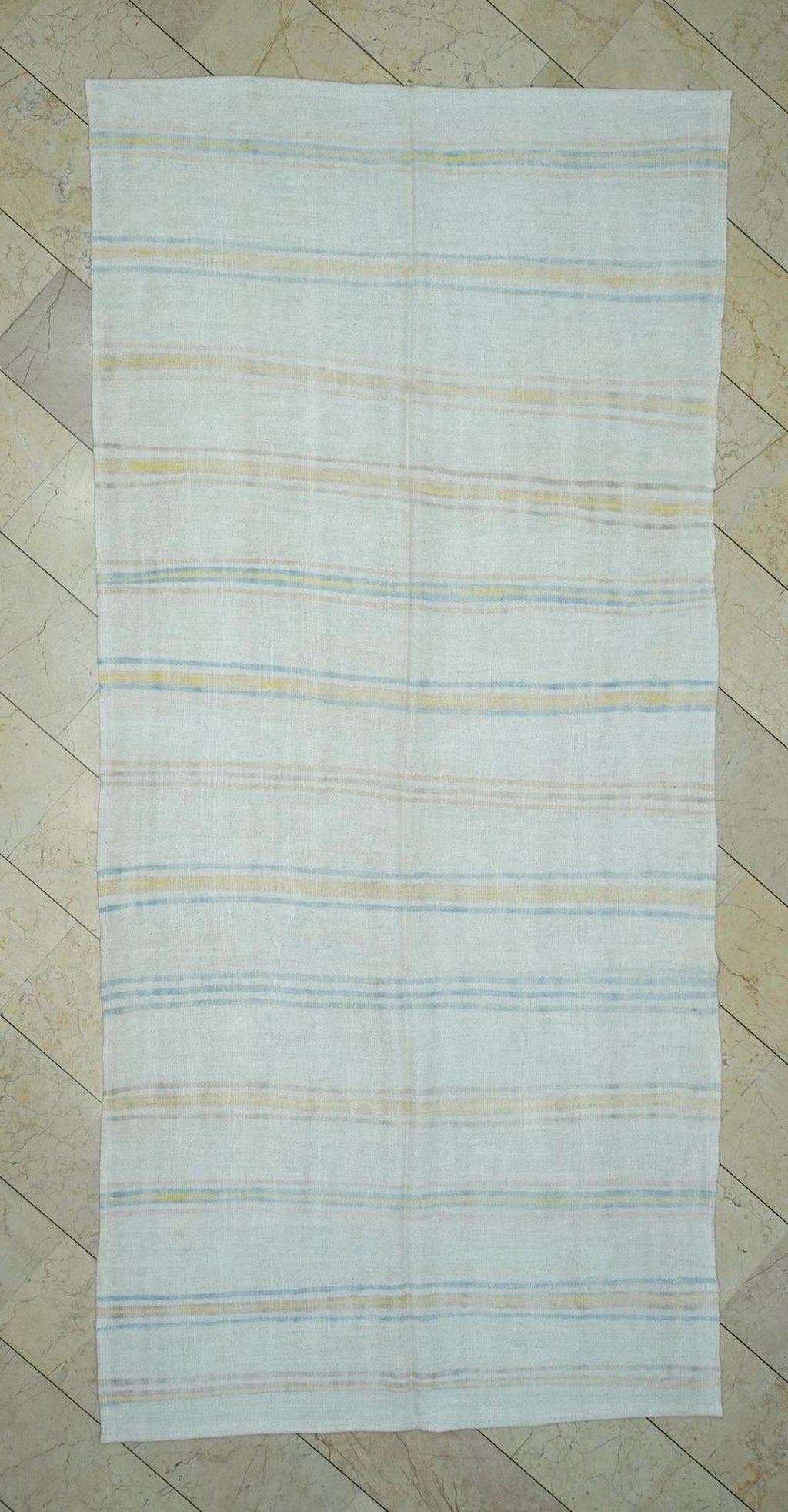 Yellow Stripe Beige Vintage Hemp Kilim Rug: Organic Flat Woven Rugs 5x11 Ft