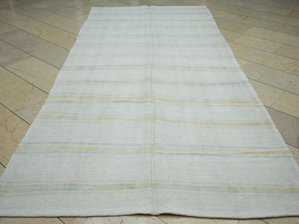 Yellow Stripe Beige Vintage Hemp Kilim Rug: Organic Flat Woven Rugs 5x11 Ft