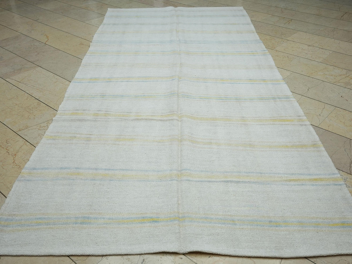 Yellow Stripe Beige Vintage Hemp Kilim Rug: Organic Flat Woven Rugs 5x11 Ft