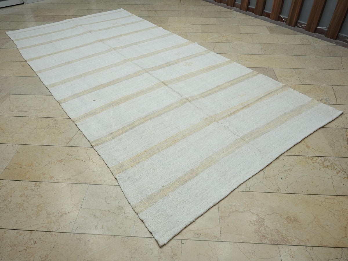 Minimalist Striped Hemp Kilim Rug: Turkish Vintage Rugs 5,6" x 11,4" Feet