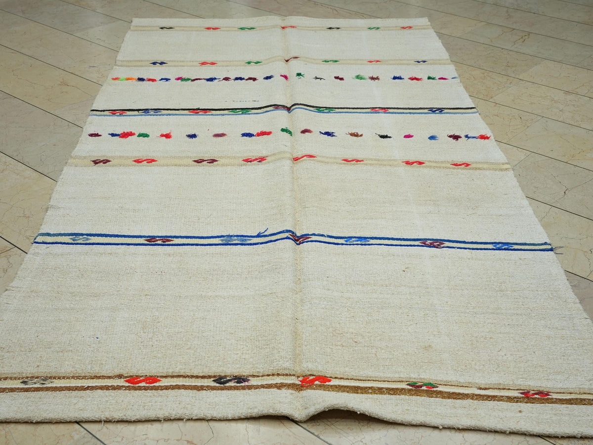 Mid Century Modern Striped Hemp Kilim Rug: 5" x 9.2" Flat Weave Turkish Rugs