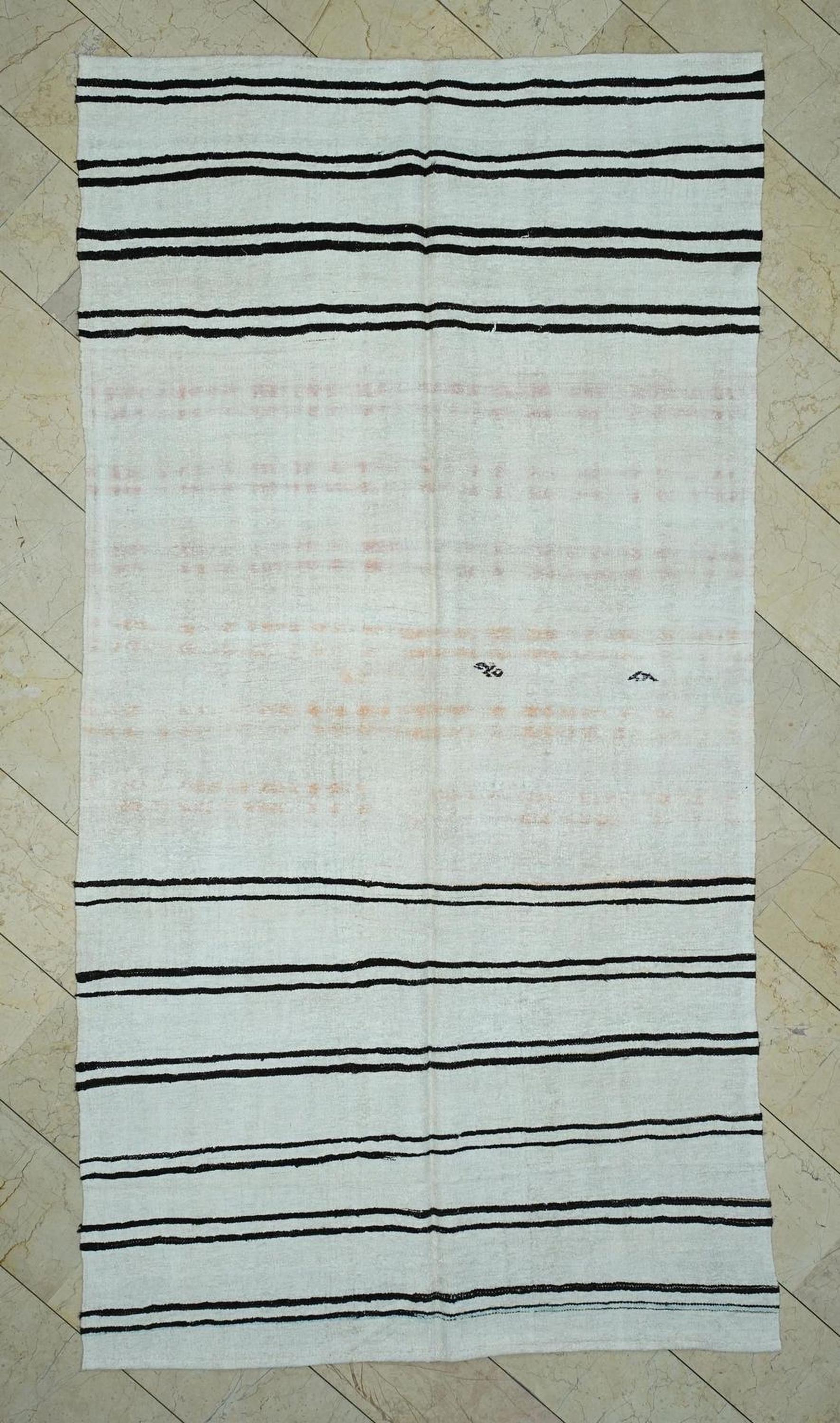 Abstract Flat Woven Hemp Kilim Rug: Mid-Century Modern Stripe Rugs 6x11 ft