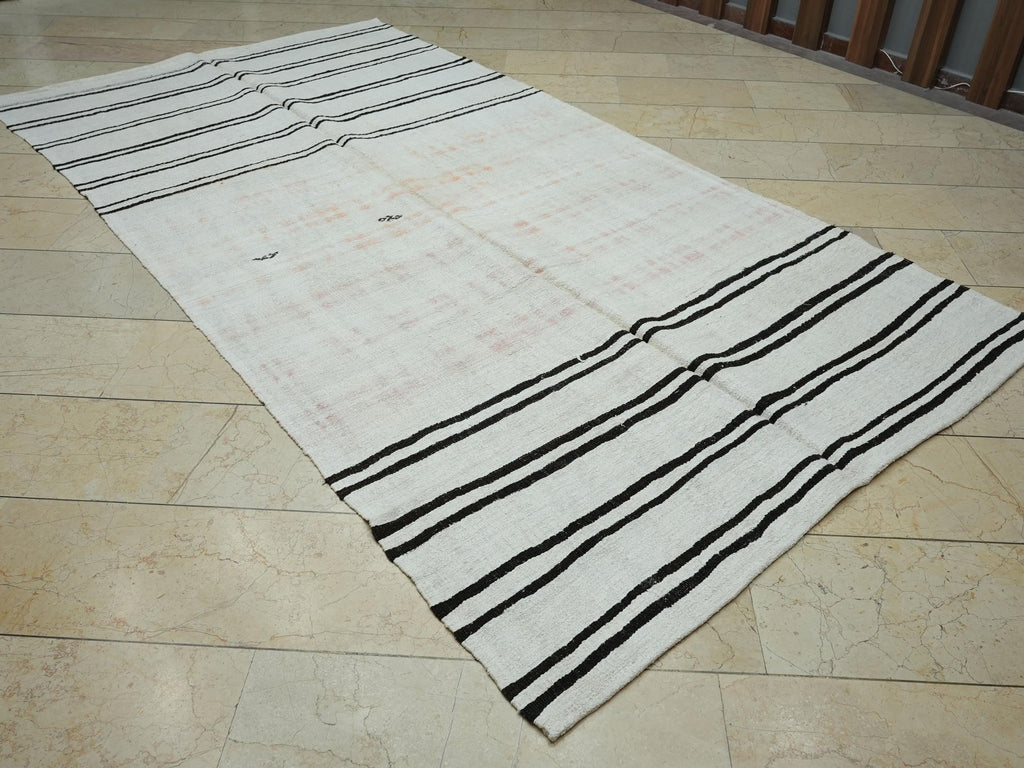 Abstract Flat Woven Hemp Kilim Rug: Mid-Century Modern Stripe Rugs 6x11 ft
