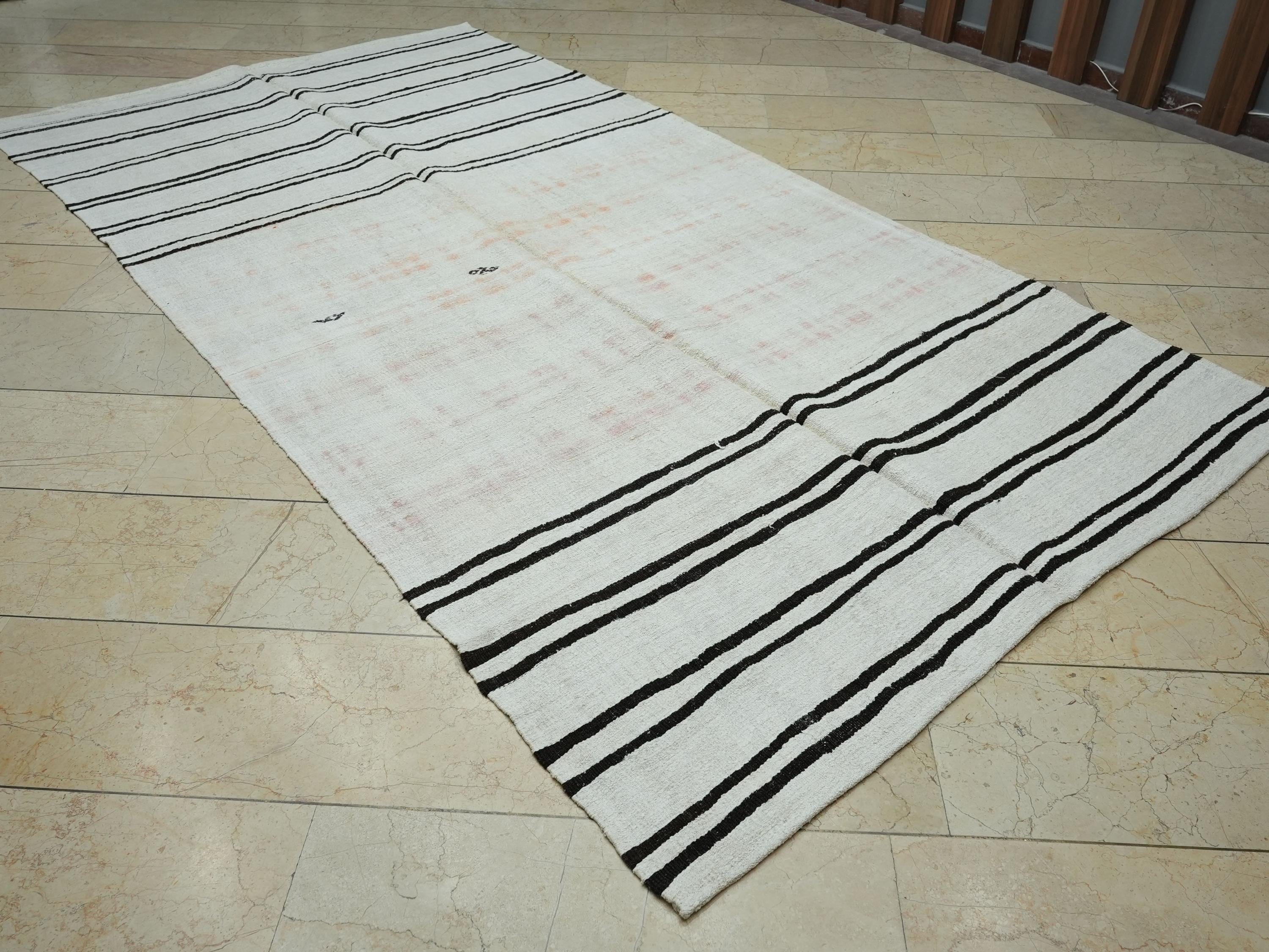 Abstract Flat Woven Hemp Kilim Rug: Mid-Century Modern Stripe Rugs 6x11 ft