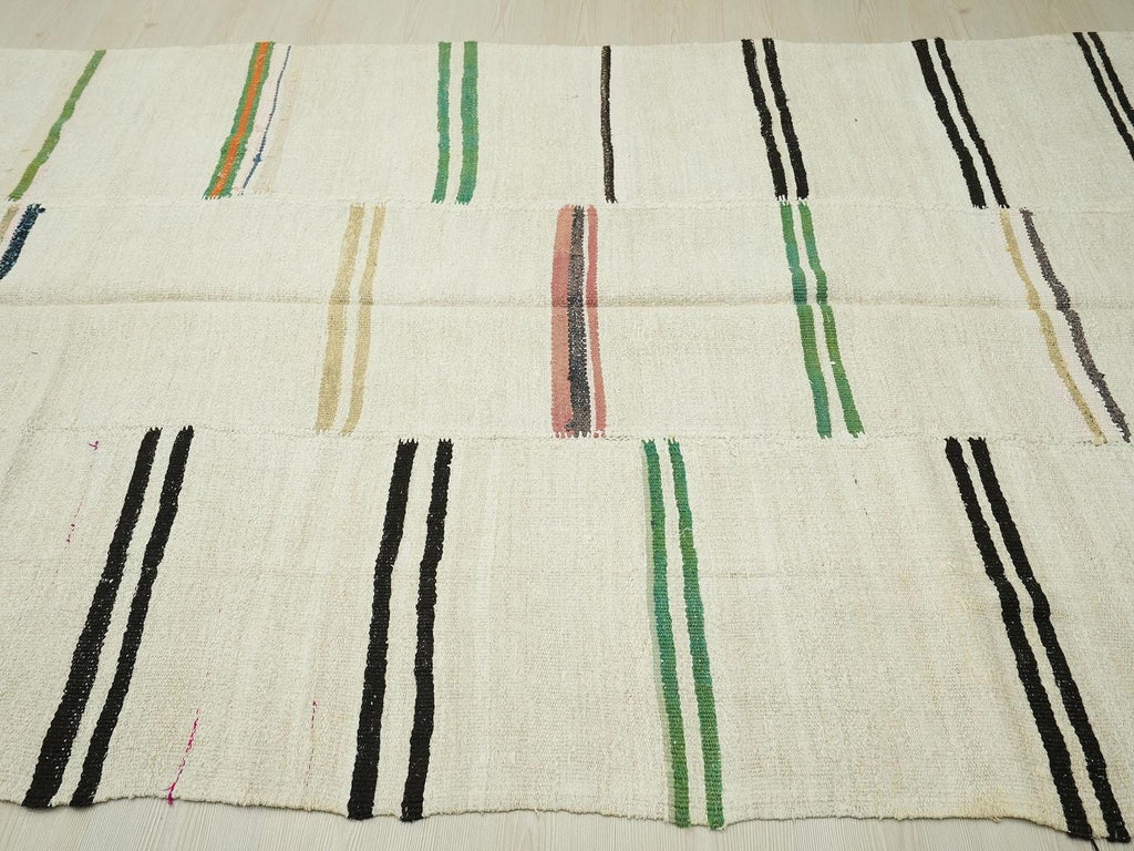 Vintage Hemp Kilim Rug: Broken Green Stripe Turkish Rugs 6x11 Ft