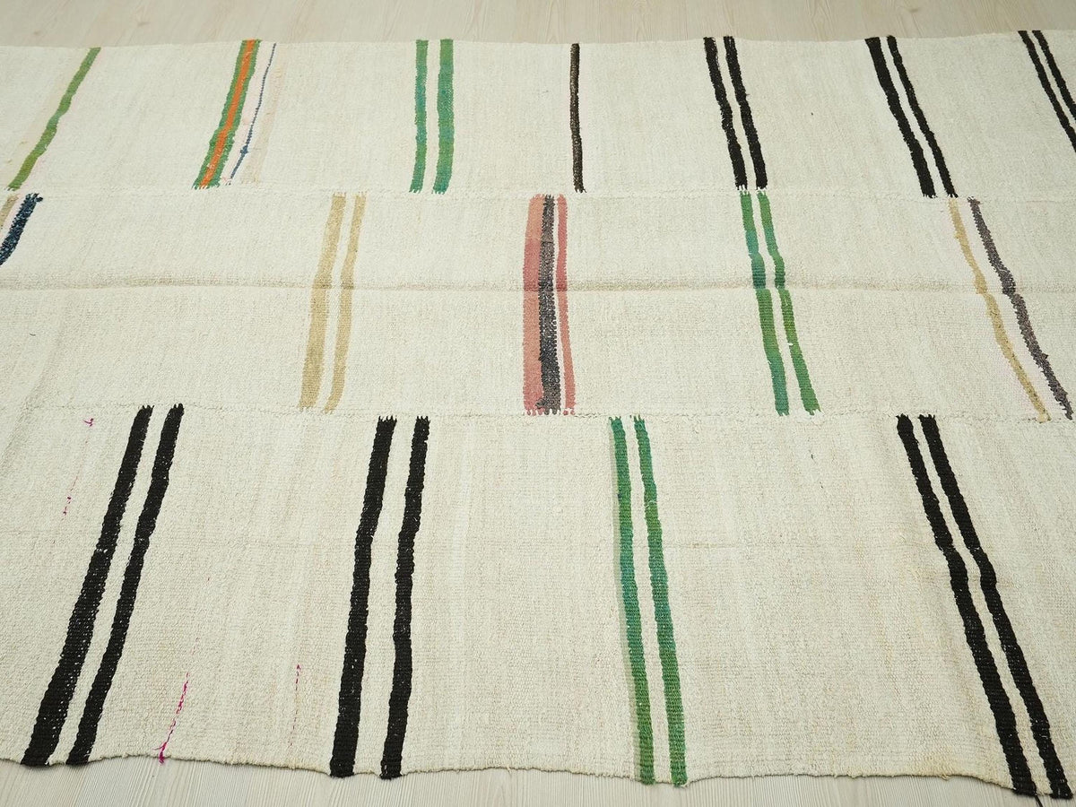 Vintage Hemp Kilim Rug: Broken Green Stripe Turkish Rugs 6x11 Ft
