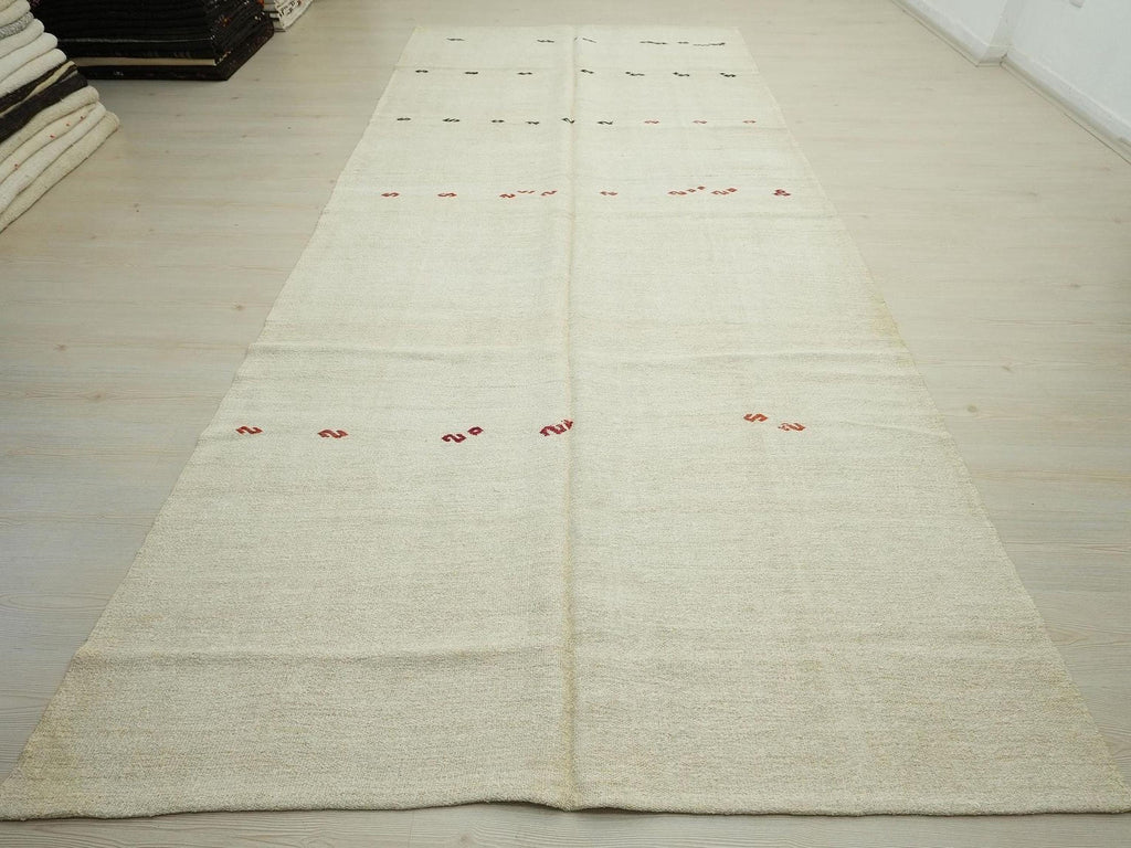 Neutral Vintage Turkish Hemp Kilim Rug: 6x13 Red Embroidered Rugs
