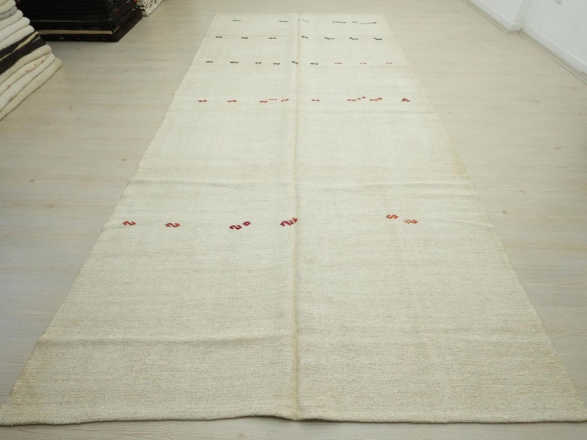 Neutral Vintage Turkish Hemp Kilim Rug: 6x13 Red Embroidered Rugs