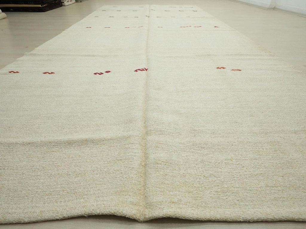 Neutral Vintage Turkish Hemp Kilim Rug: 6x13 Red Embroidered Rugs