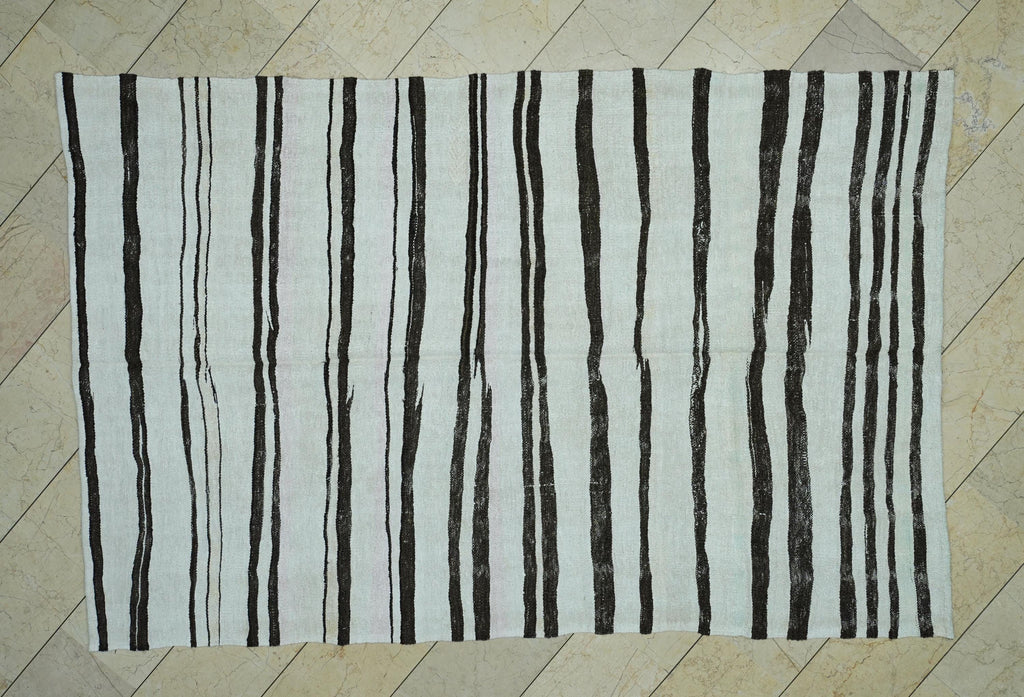 Abstract Striped Hemp Kilim Rug: 6x9 ft, Mid Century Modern Turkish Rugs