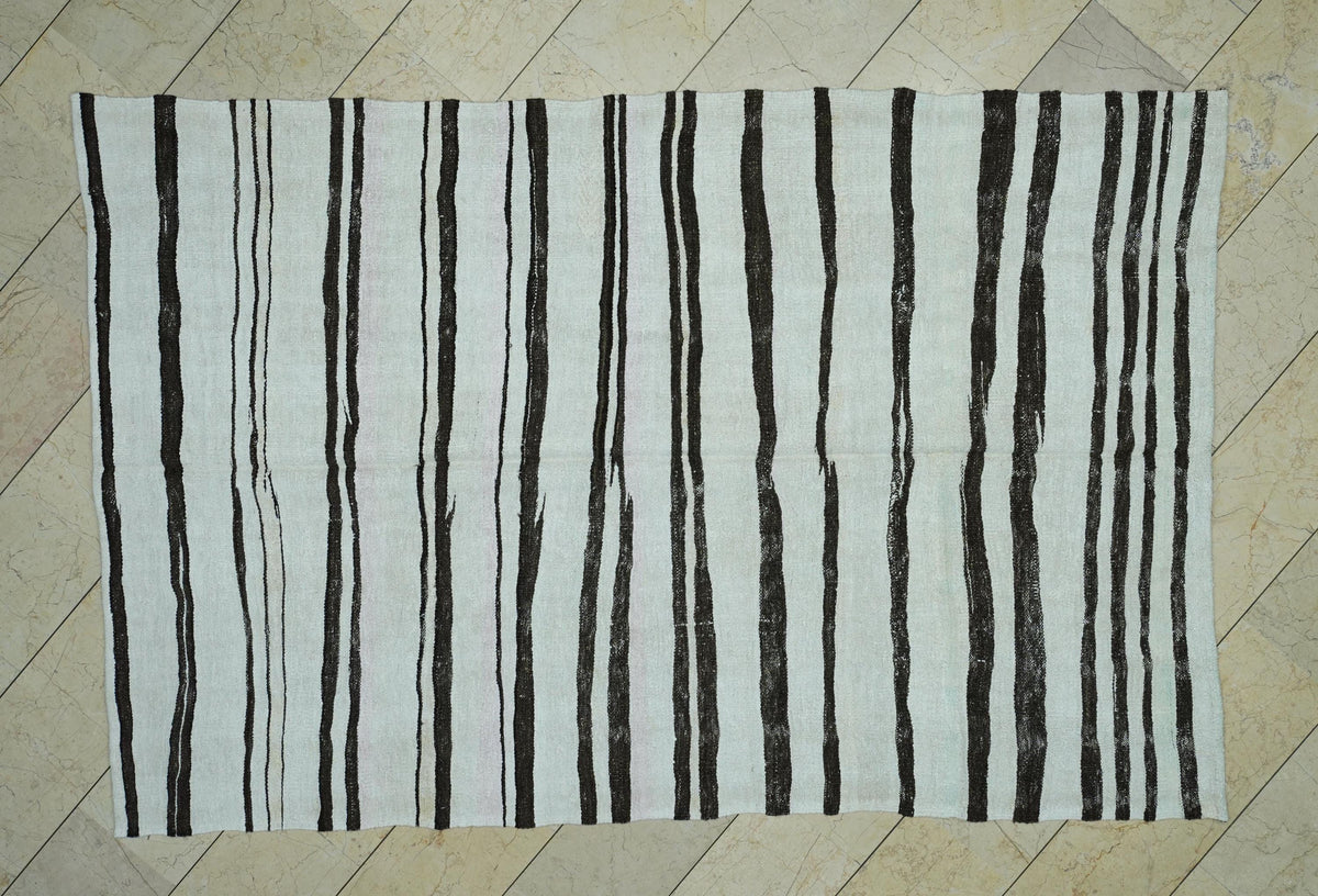 Abstract Striped Hemp Kilim Rug: 6x9 ft, Mid Century Modern Turkish Rugs
