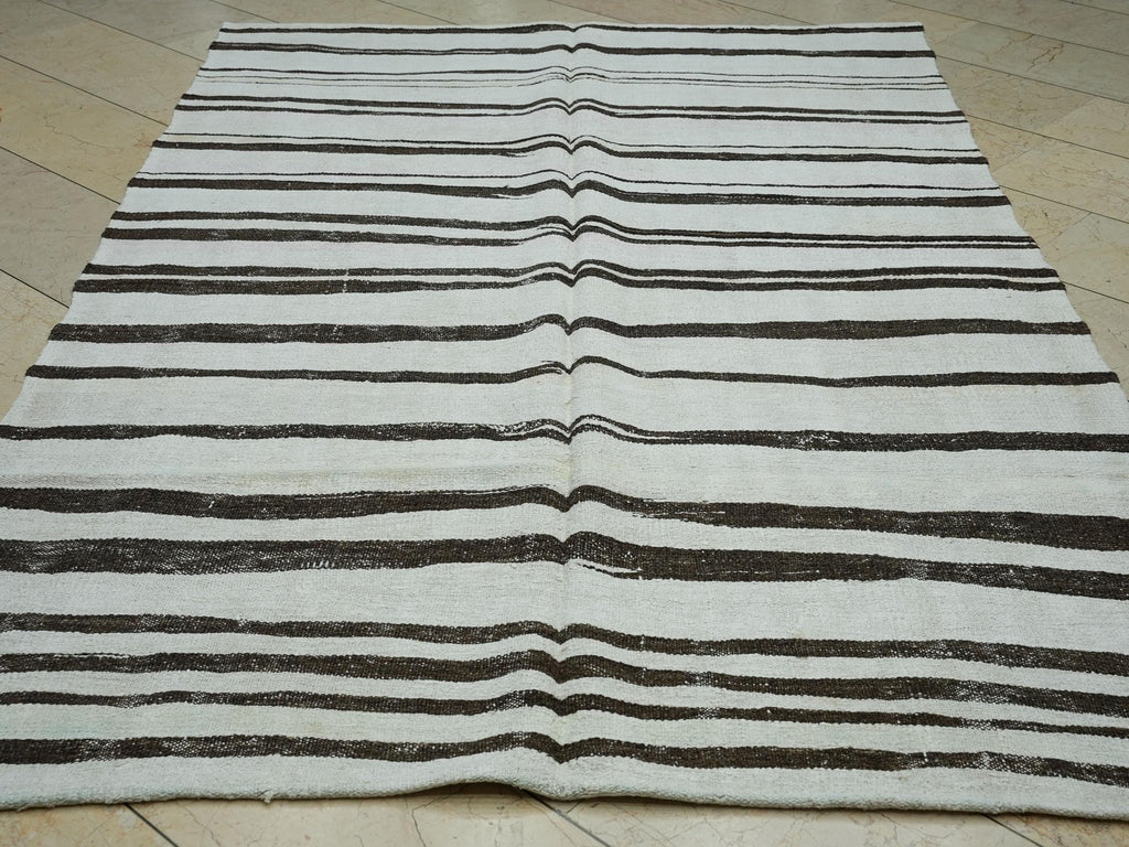 Abstract Striped Hemp Kilim Rug: 6x9 ft, Mid Century Modern Turkish Rugs
