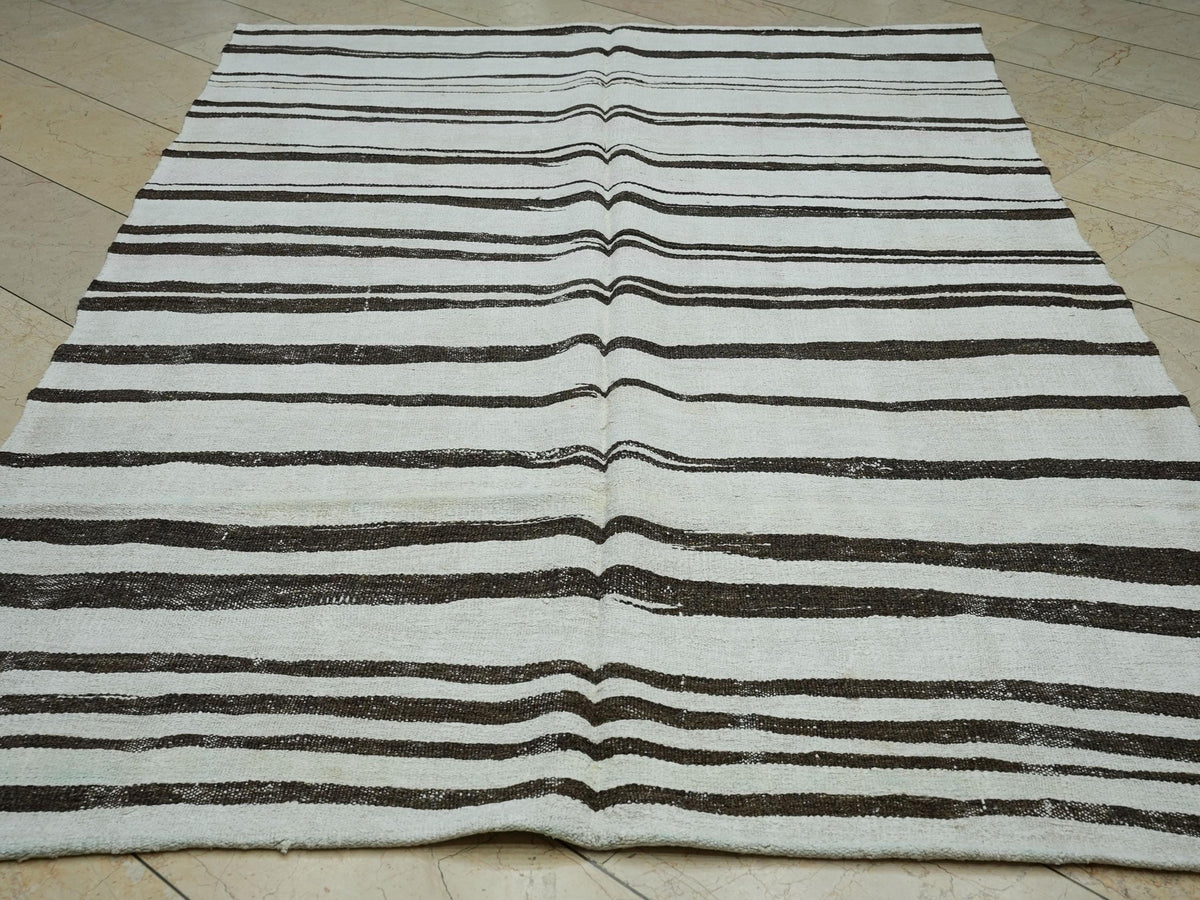 Abstract Striped Hemp Kilim Rug: 6x9 ft, Mid Century Modern Turkish Rugs