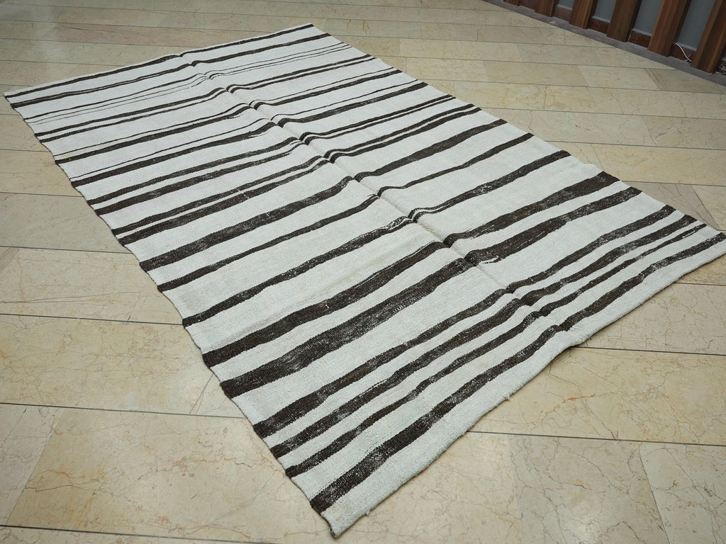 Abstract Striped Hemp Kilim Rug: 6x9 ft, Mid Century Modern Turkish Rugs