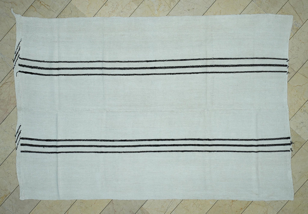 7x10 Vintage Turkish Hemp Kilim Rug: Minimalist Stripe Flat Woven Rugs