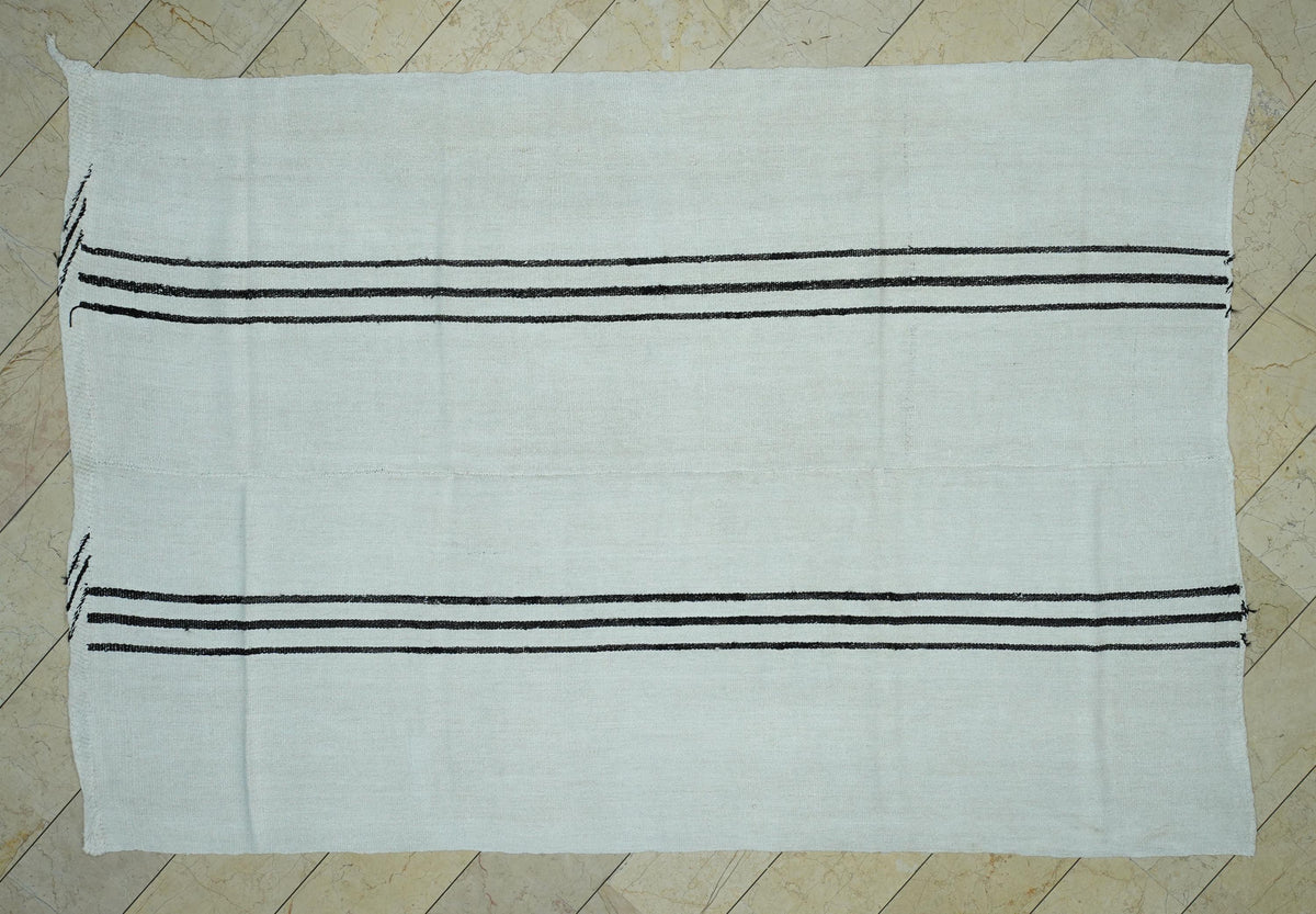 7x10 Vintage Turkish Hemp Kilim Rug: Minimalist Stripe Flat Woven Rugs