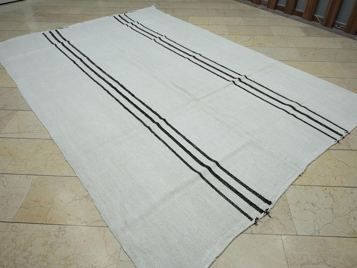 7x10 Vintage Turkish Hemp Kilim Rug: Minimalist Stripe Flat Woven Rugs