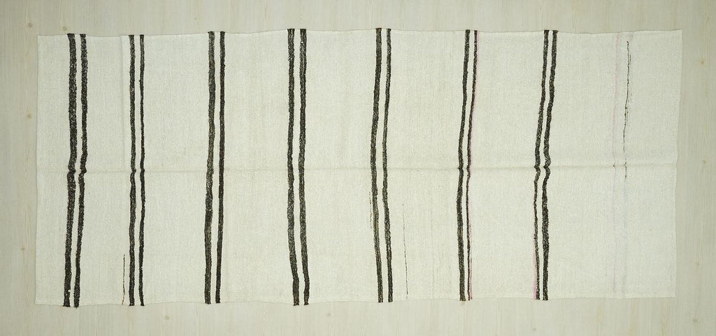 Summer Decor Stripe Turkish Hemp Kilim Rug: White & Brown Flat Woven Rugs,5x12 Feet.