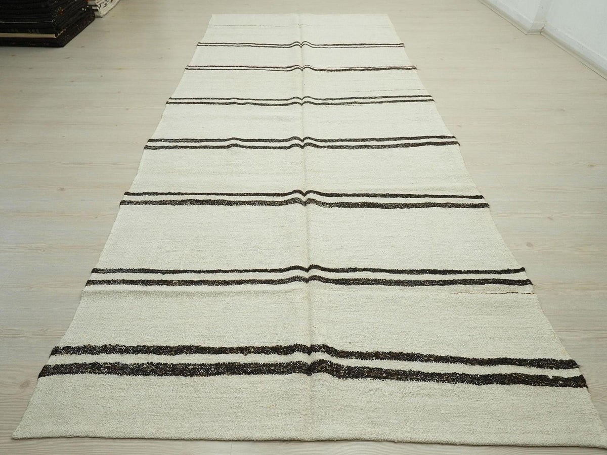 Summer Decor Stripe Turkish Hemp Kilim Rug: White & Brown Flat Woven Rugs,5x12 Feet.