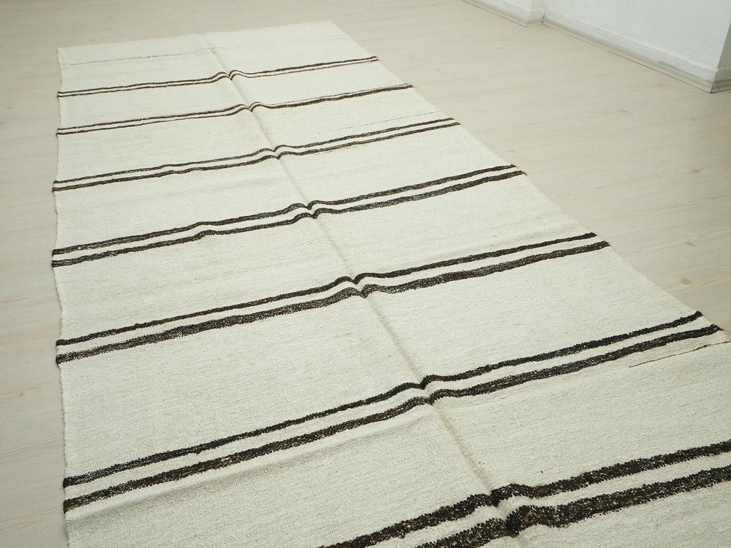 Summer Decor Stripe Turkish Hemp Kilim Rug: White & Brown Flat Woven Rugs,5x12 Feet.