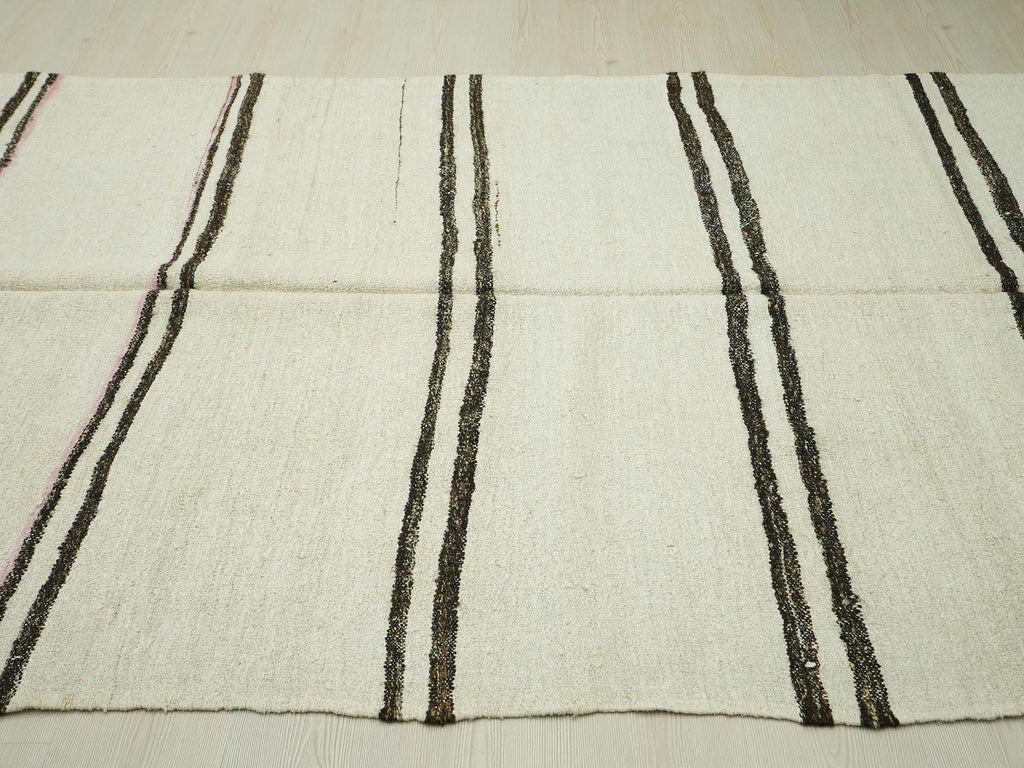 Summer Decor Stripe Turkish Hemp Kilim Rug: White & Brown Flat Woven Rugs,5x12 Feet.