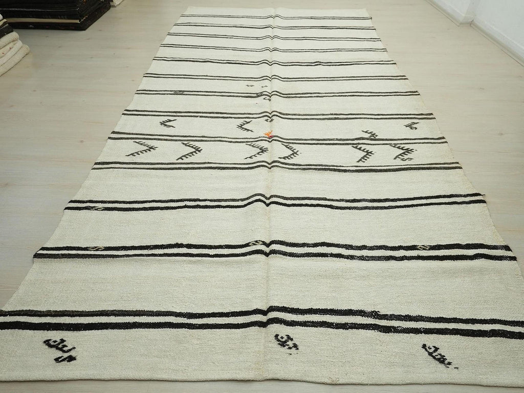 White & Dark Brown Stripe Hemp Kilim Rug: 7x13 Minimalist Decor Rugs