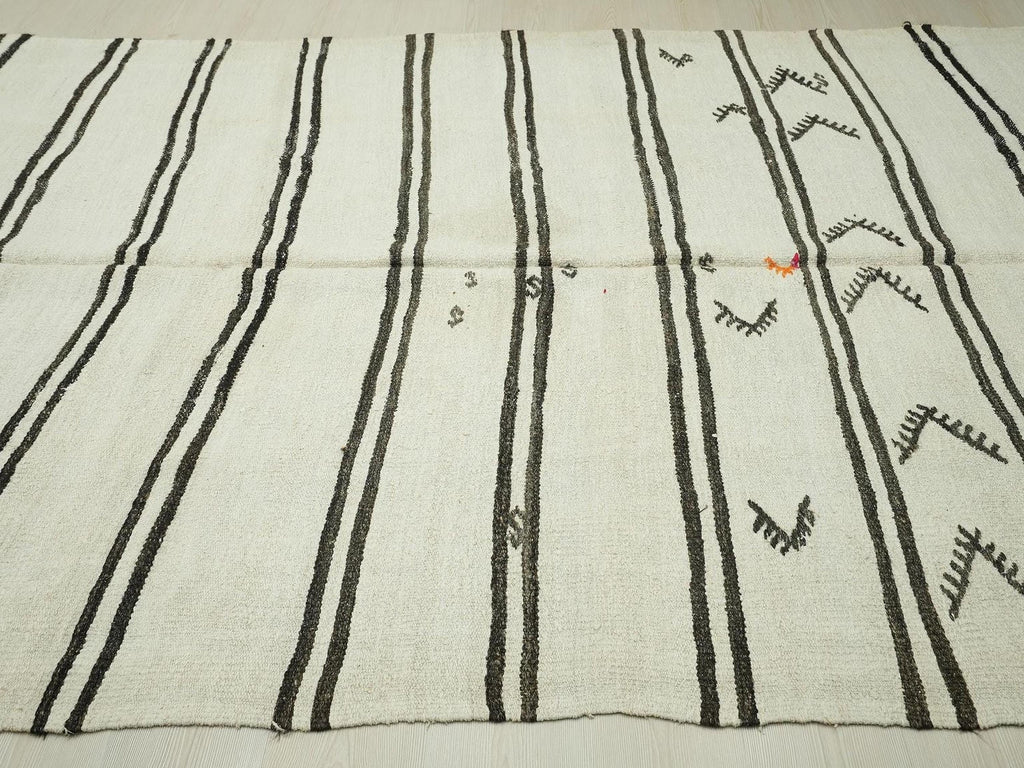 White & Dark Brown Stripe Hemp Kilim Rug: 7x13 Minimalist Decor Rugs