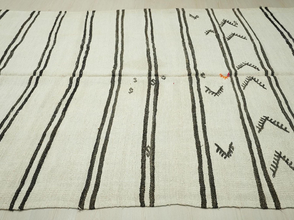 White & Dark Brown Stripe Hemp Kilim Rug: 7x13 Minimalist Decor Rugs