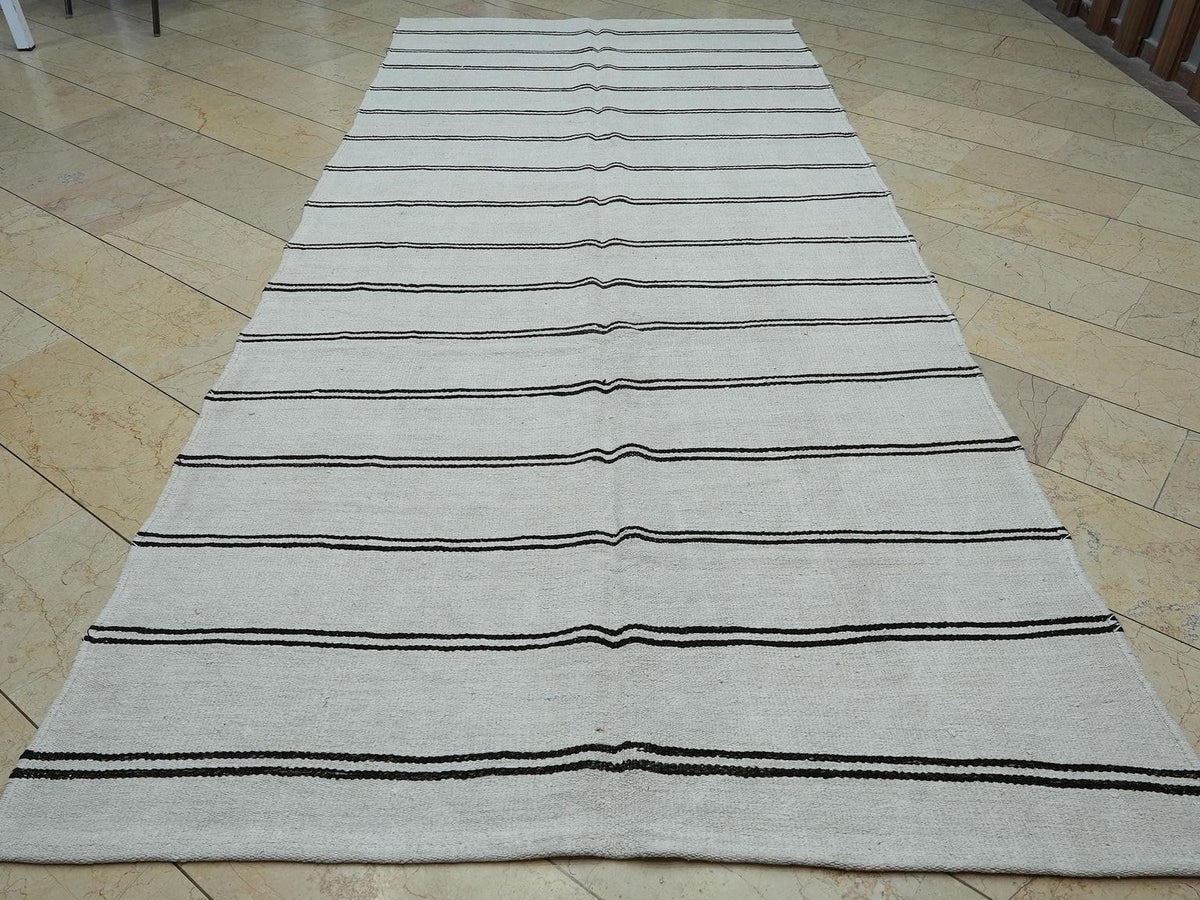 White Hemp Kilim Rug: Organic Turkish Flat Woven Rugs 5.6x12.5 Ft.