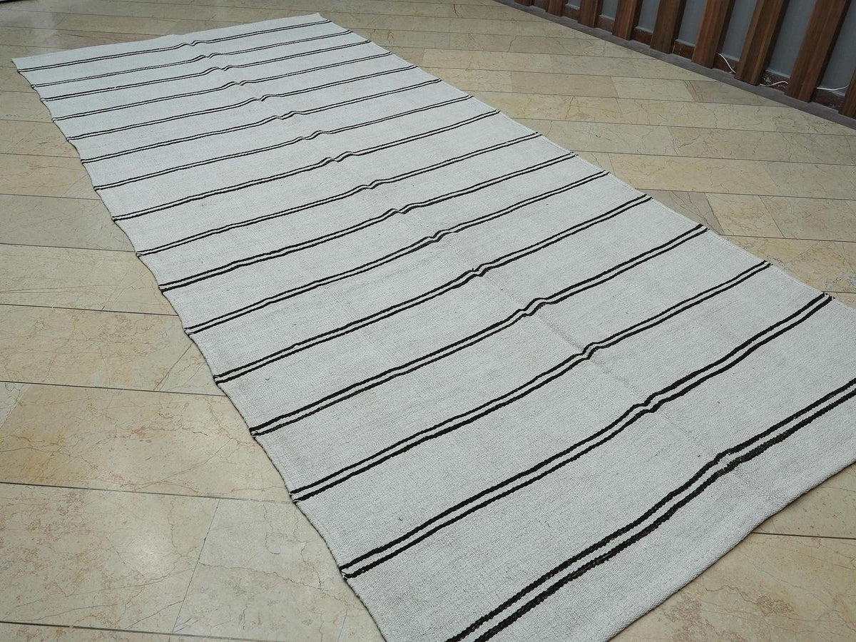 White Hemp Kilim Rug: Organic Turkish Flat Woven Rugs 5.6x12.5 Ft.