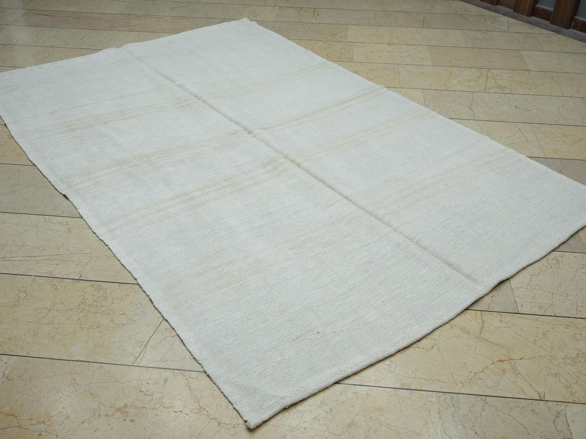 Eco-Friendly Minimalist Striped Vintage Hemp Kilim Rug: 5x8 Turkish Flat Woven Rugs.