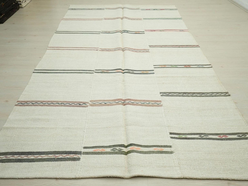 Striped Hemp Kilim Rug: Modern Scandinavian Style Turkish Rugs, 5.10x11.7 ft.