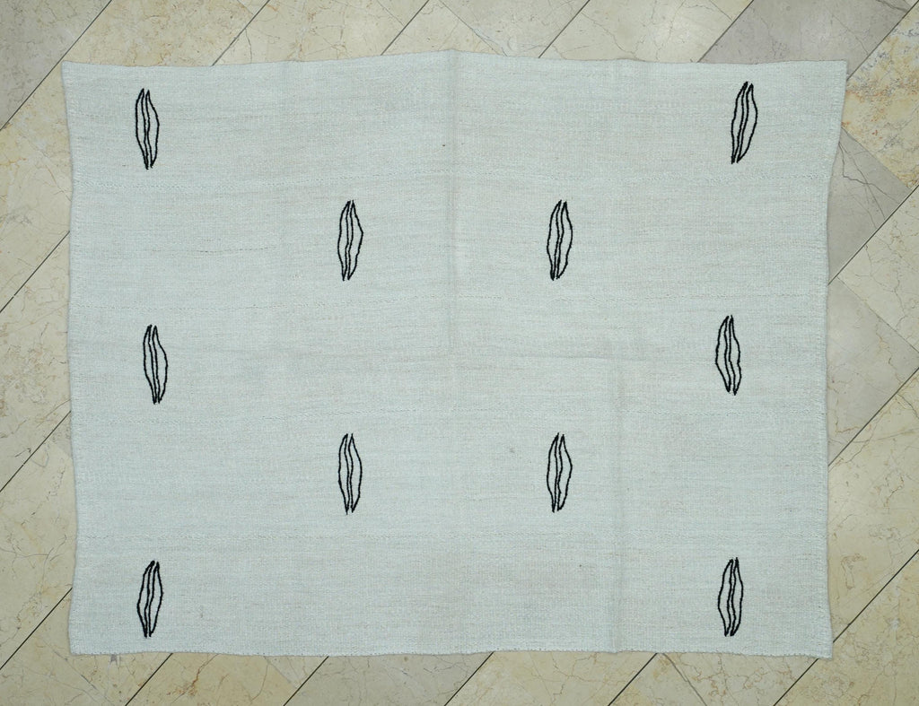 Turkish Hemp Kilim Rug: Vintage Black and White Flat Weave Rugs, 5x6.4 ft