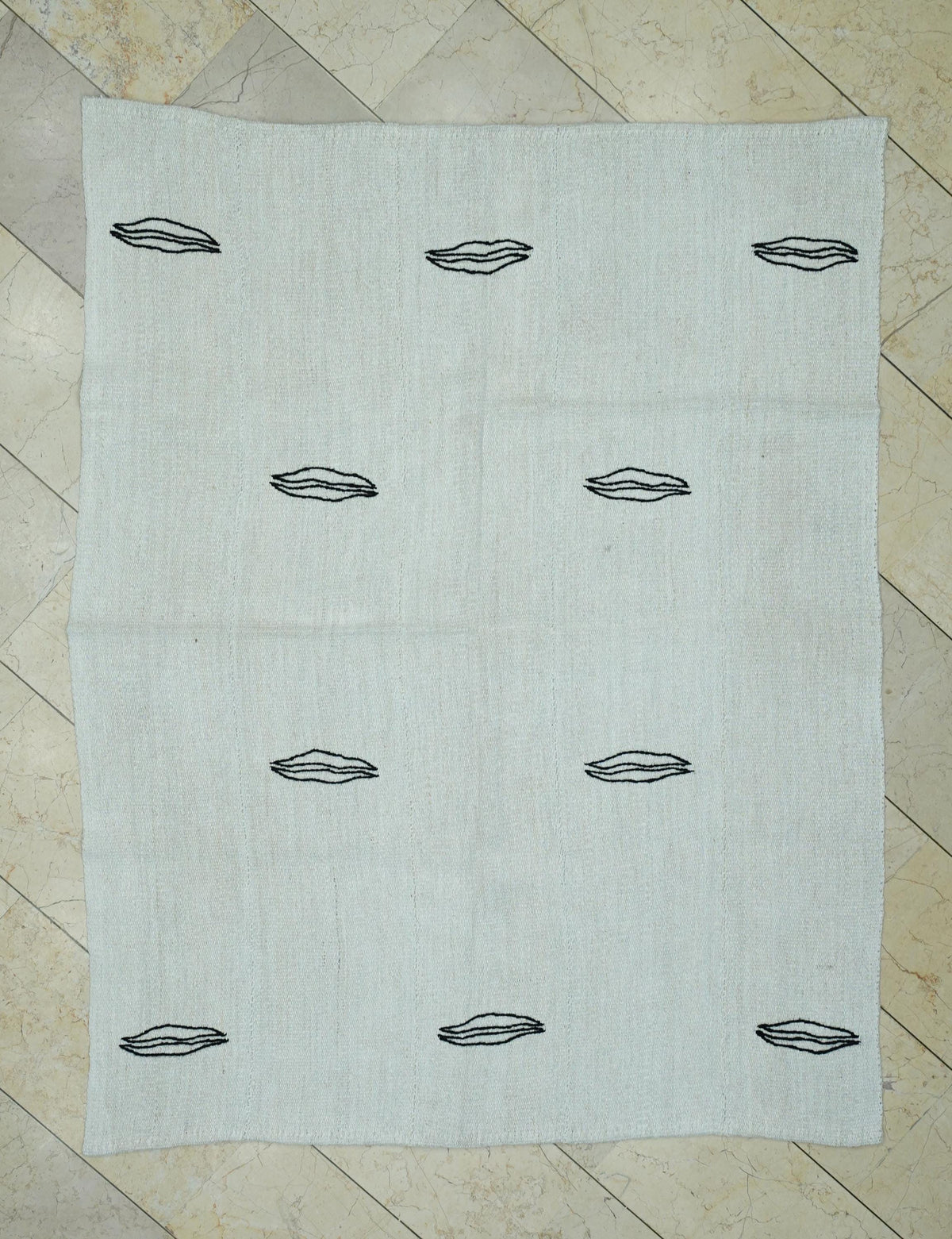 Turkish Hemp Kilim Rug: Vintage Black and White Flat Weave Rugs, 5x6.4 ft