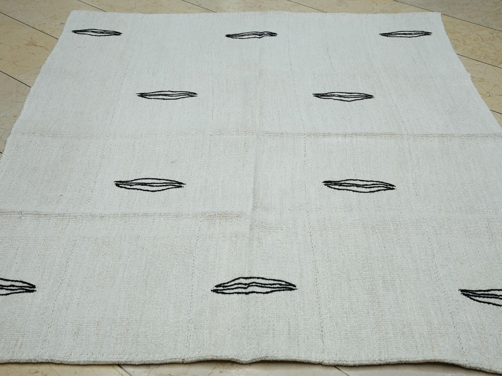 Turkish Hemp Kilim Rug: Vintage Black and White Flat Weave Rugs, 5x6.4 ft