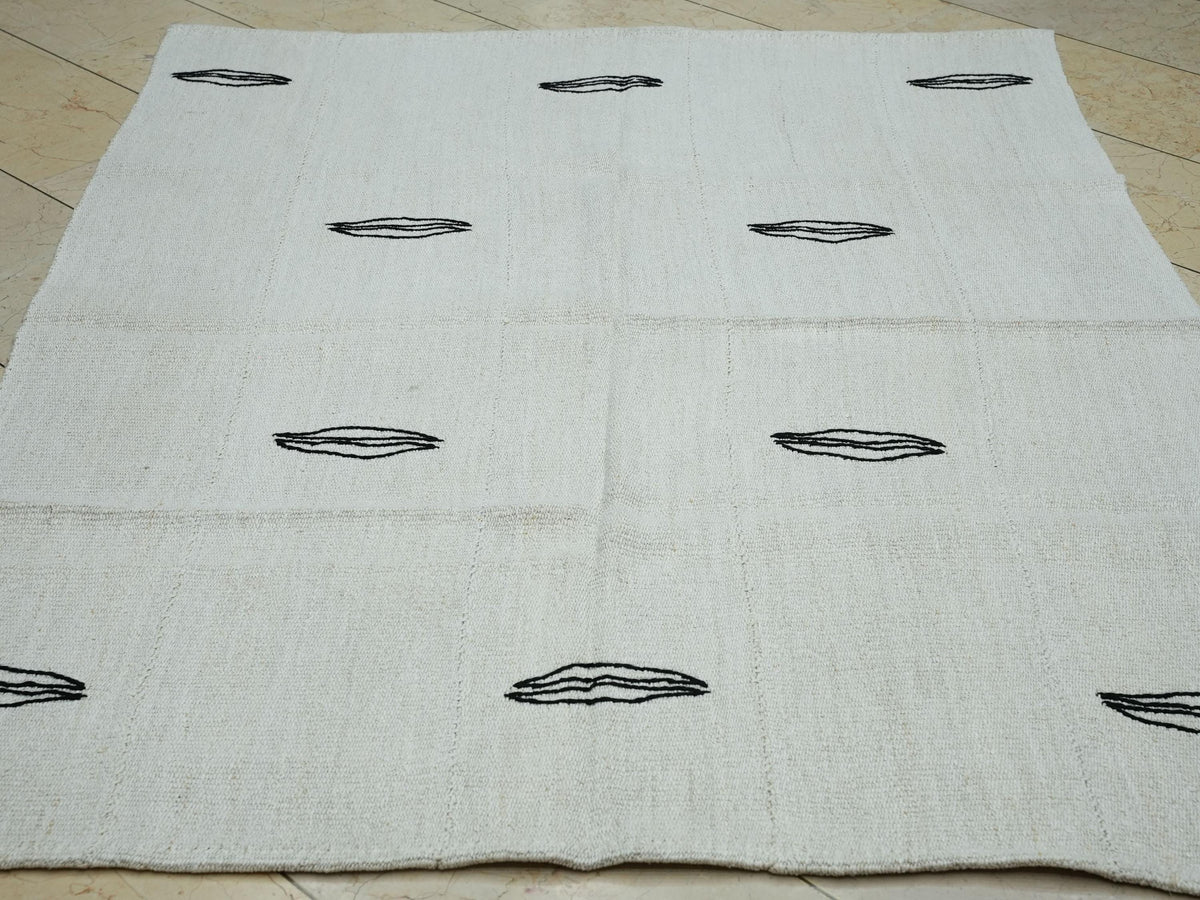 Turkish Hemp Kilim Rug: Vintage Black and White Flat Weave Rugs, 5x6.4 ft