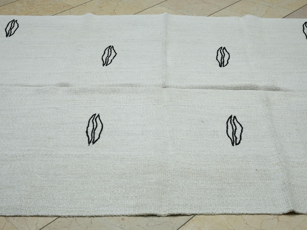 Turkish Hemp Kilim Rug: Vintage Black and White Flat Weave Rugs, 5x6.4 ft