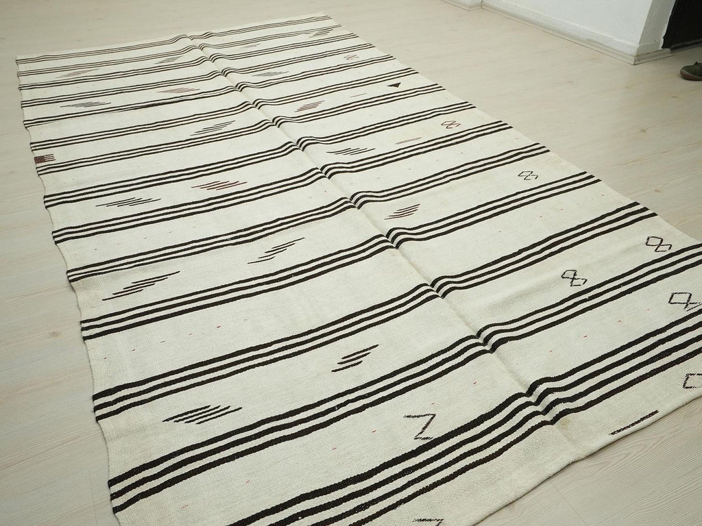 Vintage Turkish Hemp Kilim Rug: White & Brown Flat Weave Stripe Rugs, 6.4"x11.2" Feet.