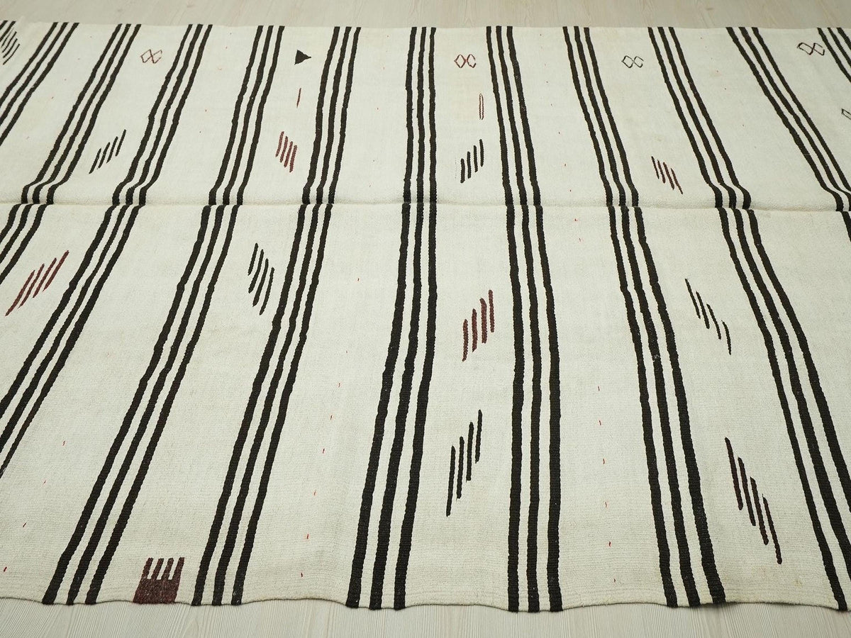 Vintage Turkish Hemp Kilim Rug: White & Brown Flat Weave Stripe Rugs, 6.4"x11.2" Feet.