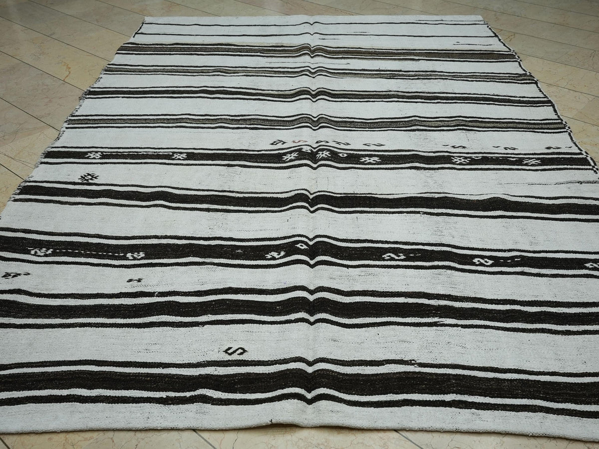 Striped Hemp Kilim Rug: 7x10 Vintage Turkish Flat Weave Rugs.